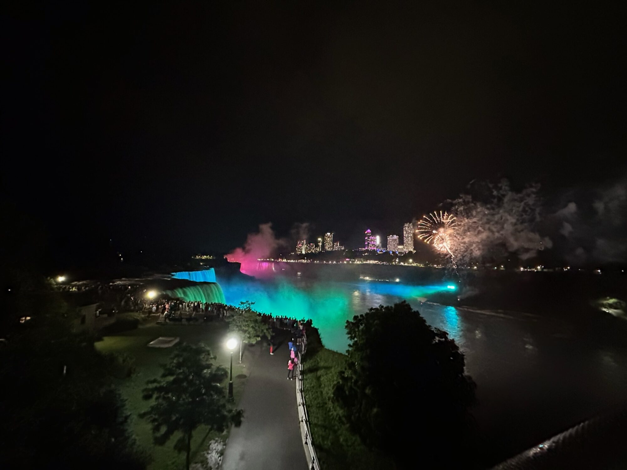 Day 41- Fireworks over Niagara Falls, all lit up at night